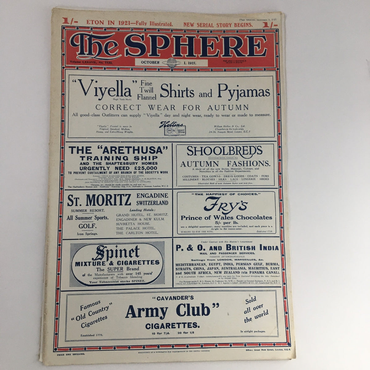 Front cover of The Sphere Newspaper dated October 1, 1921, featuring advertisements and title information including 'Viyella' Fine Shirts, showcasing a vintage design reflective of the early 20th century.