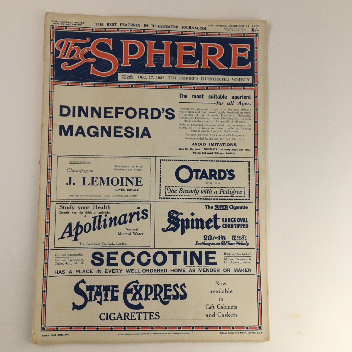 The Sphere Newspaper December 27 1927, featuring the front cover with advertisements and the title, showcasing vintage design.
