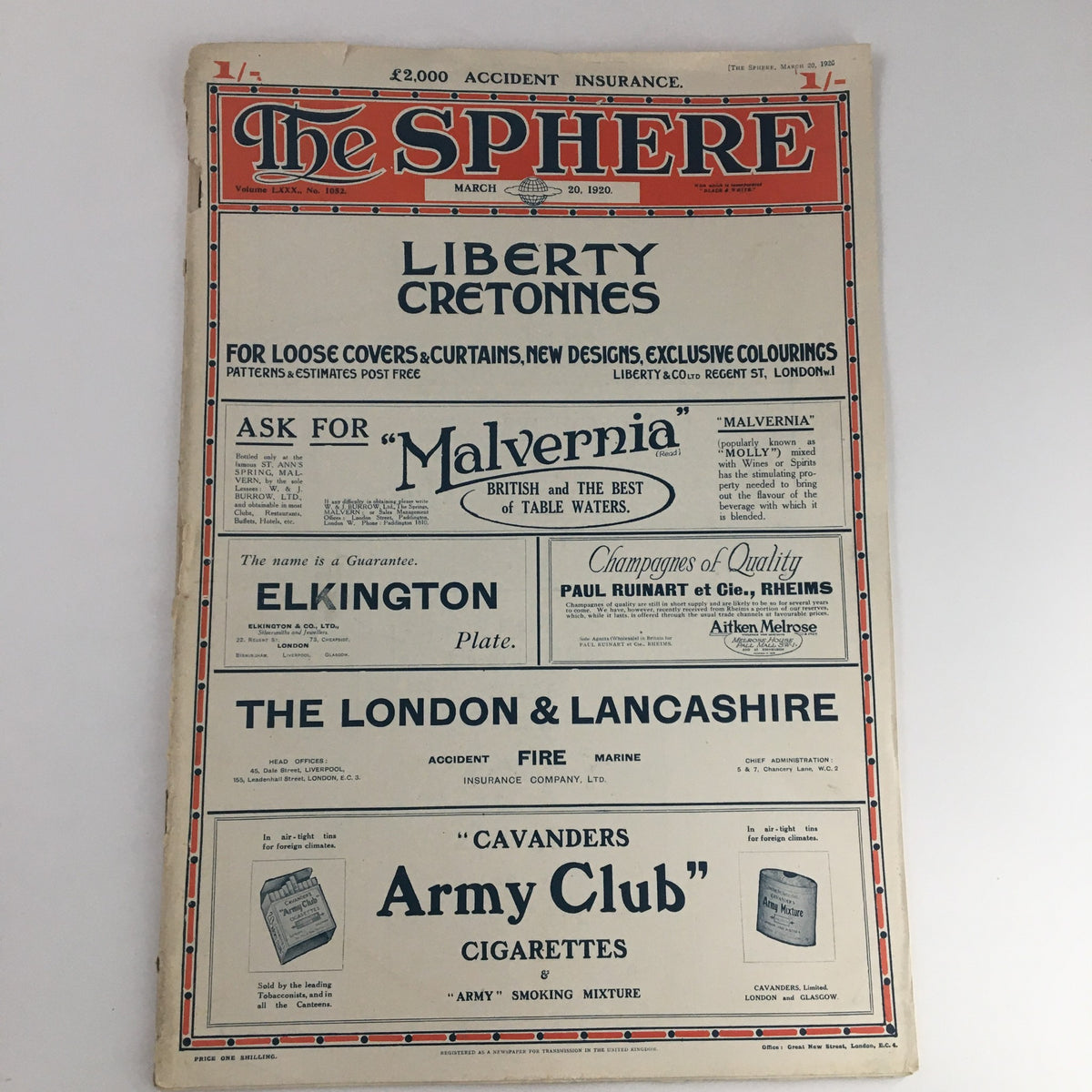 Front cover of The Sphere Newspaper from March 20, 1920, featuring advertisements and the title prominently displayed.