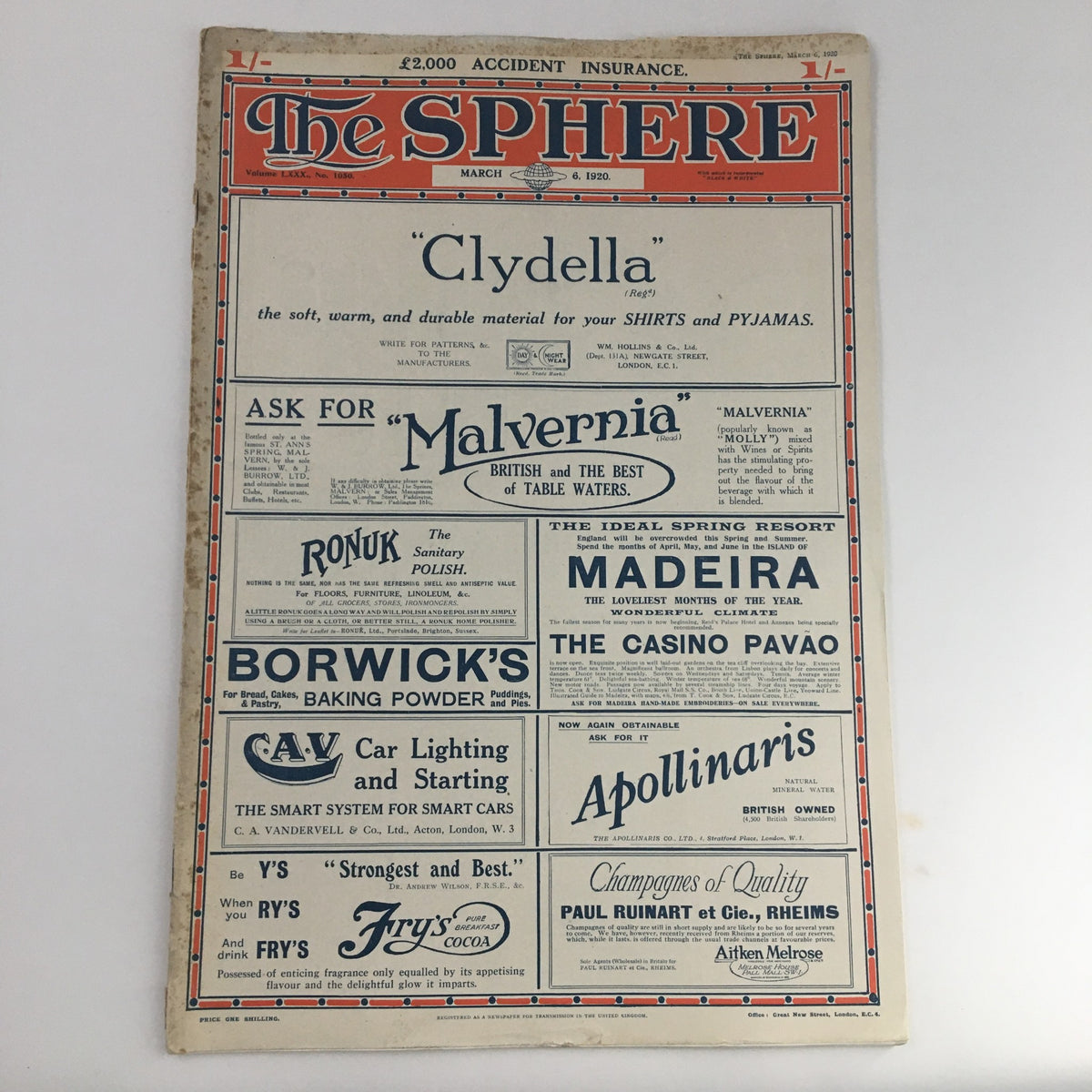 The Sphere Newspaper March 6 1920 featuring an advertisement for Clydella and various products on the front cover, showcasing vintage journalism.