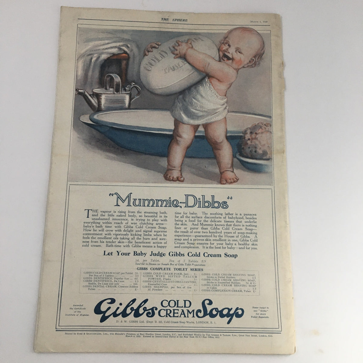 Back cover of The Sphere Newspaper March 6 1920 featuring an advertisement for Gibbs Cold Cream Soap, demonstrating vintage advertising tactics from the 1920s.
