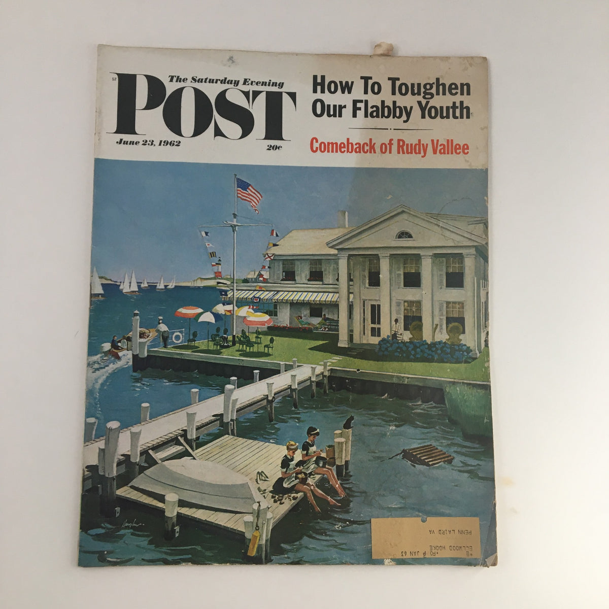 Cover of The Saturday Evening Post from June 23, 1962, featuring the article 'How To Toughen Our Flabby Youth' and an illustration depicting a serene waterfront scene with people enjoying the outdoors.