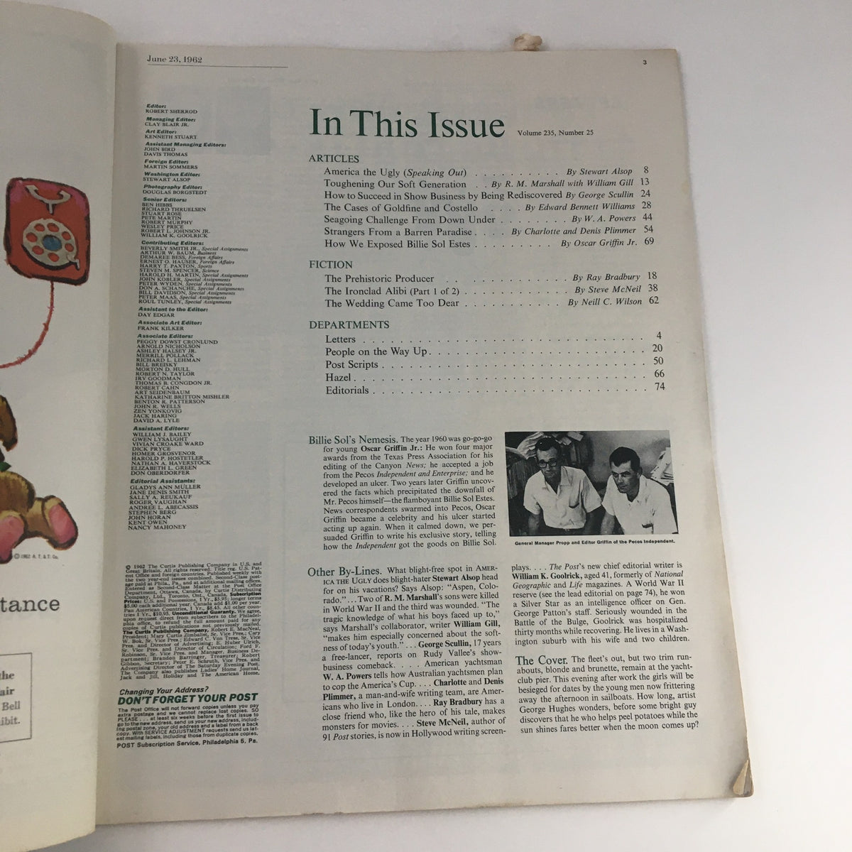 Page from The Saturday Evening Post June 23, 1962, showing the contents of the issue, including article titles and features.