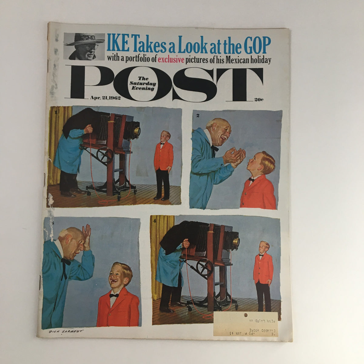 Cover of The Saturday Evening Post from April 21, 1962, featuring the title 'IKE Takes a Look at the GOP' and illustrations of a comedic scene involving a photographer and children.