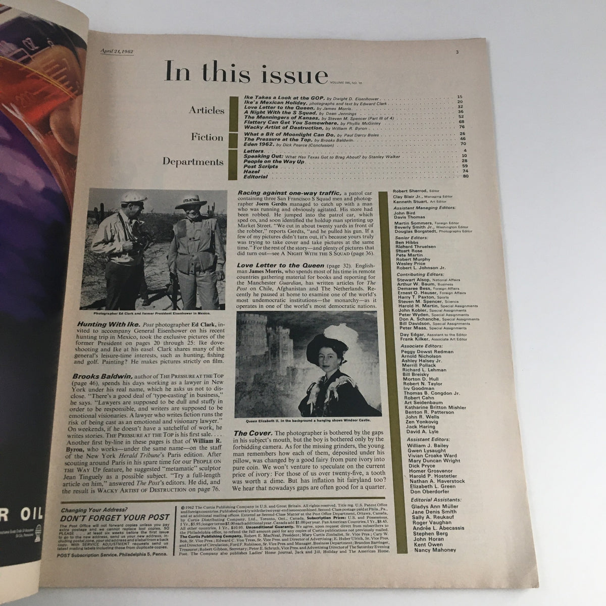Inside page of The Saturday Evening Post from April 21, 1962, showcasing the table of contents, including the article 'Ike Takes a Look at the GOP' and other features of the magazine.