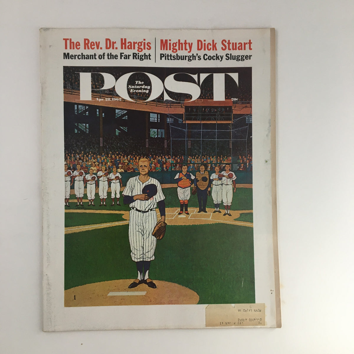 Cover of The Saturday Evening Post from April 28, 1962, featuring iconic artwork of a baseball scene by James Williamson, showcasing a vintage aesthetic.