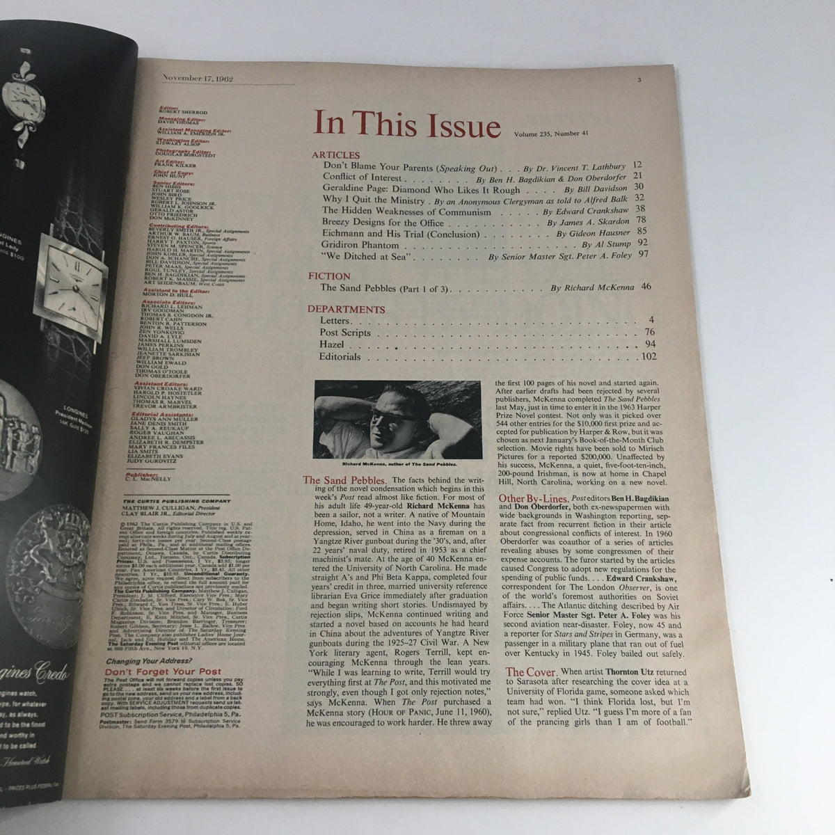 Inside page of The Saturday Evening Post, November 17, 1962, listing articles and features, including the beginning of the prize-winning novel The Sand Pebbles.