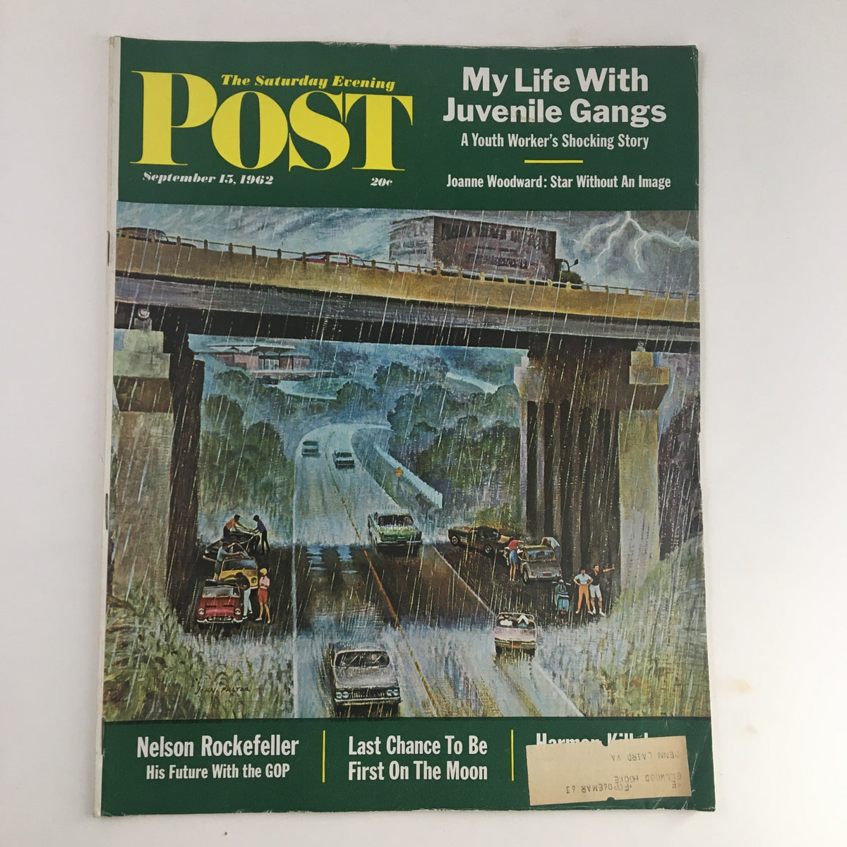 Cover of The Saturday Evening Post from September 15, 1962 featuring Nelson Rockefeller, titled 'His Future With the GOP', with an illustration depicting a rainy scene and vehicles.