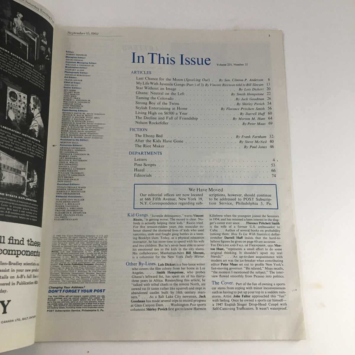 Inside page of The Saturday Evening Post from September 15, 1962, featuring the table of contents and articles, including a piece on Nelson Rockefeller's influence on the GOP.