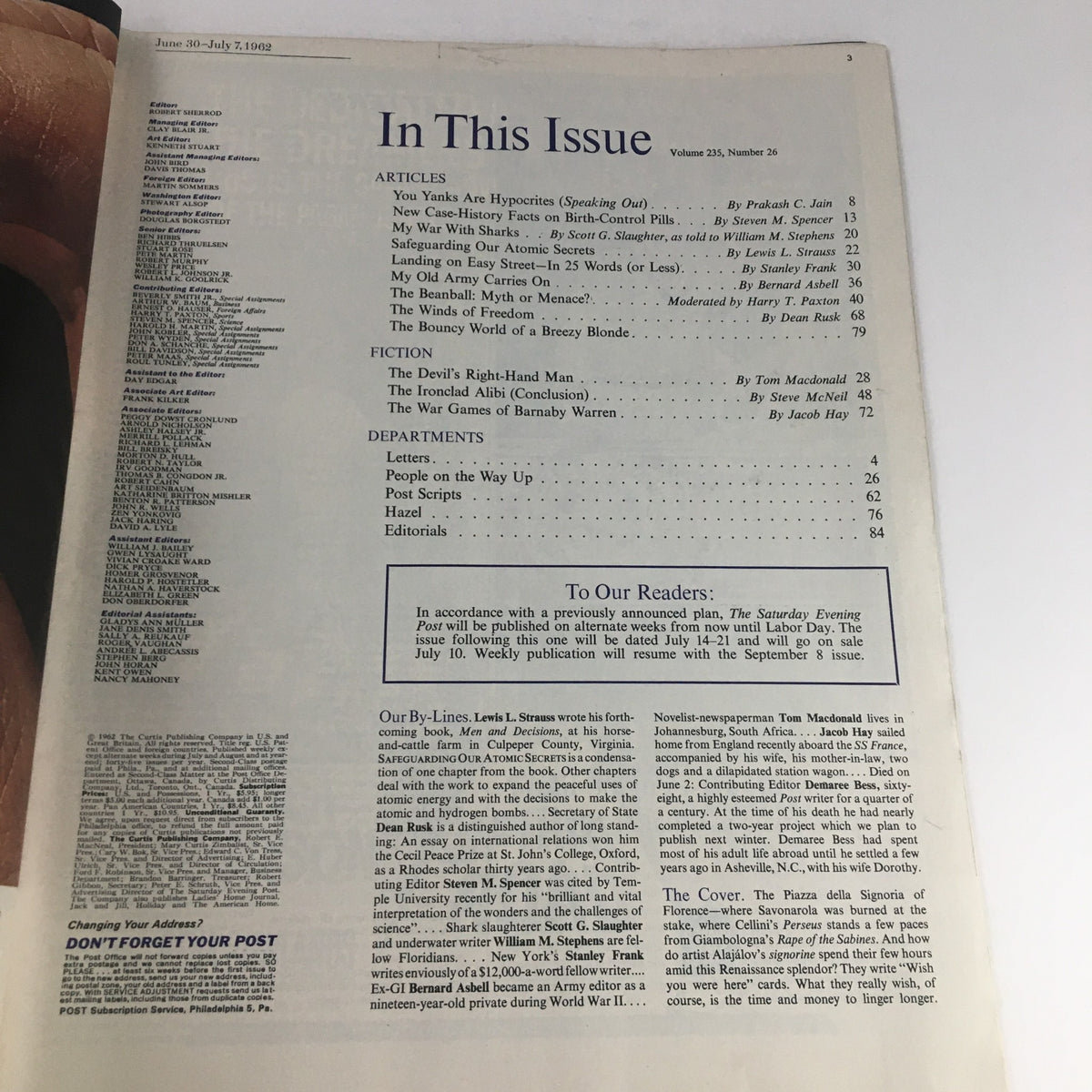 Inside page of The Saturday Evening Post June 30, 1962 showcasing the table of contents, highlighting articles and fiction including a case-history report on birth control pills.