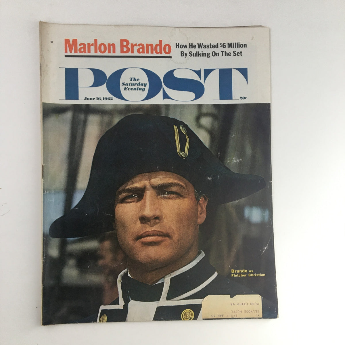 The Saturday Evening Post June 16, 1962, featuring actor Marlon Brando as Fletcher Christian on the cover, showcasing his iconic look and presence.