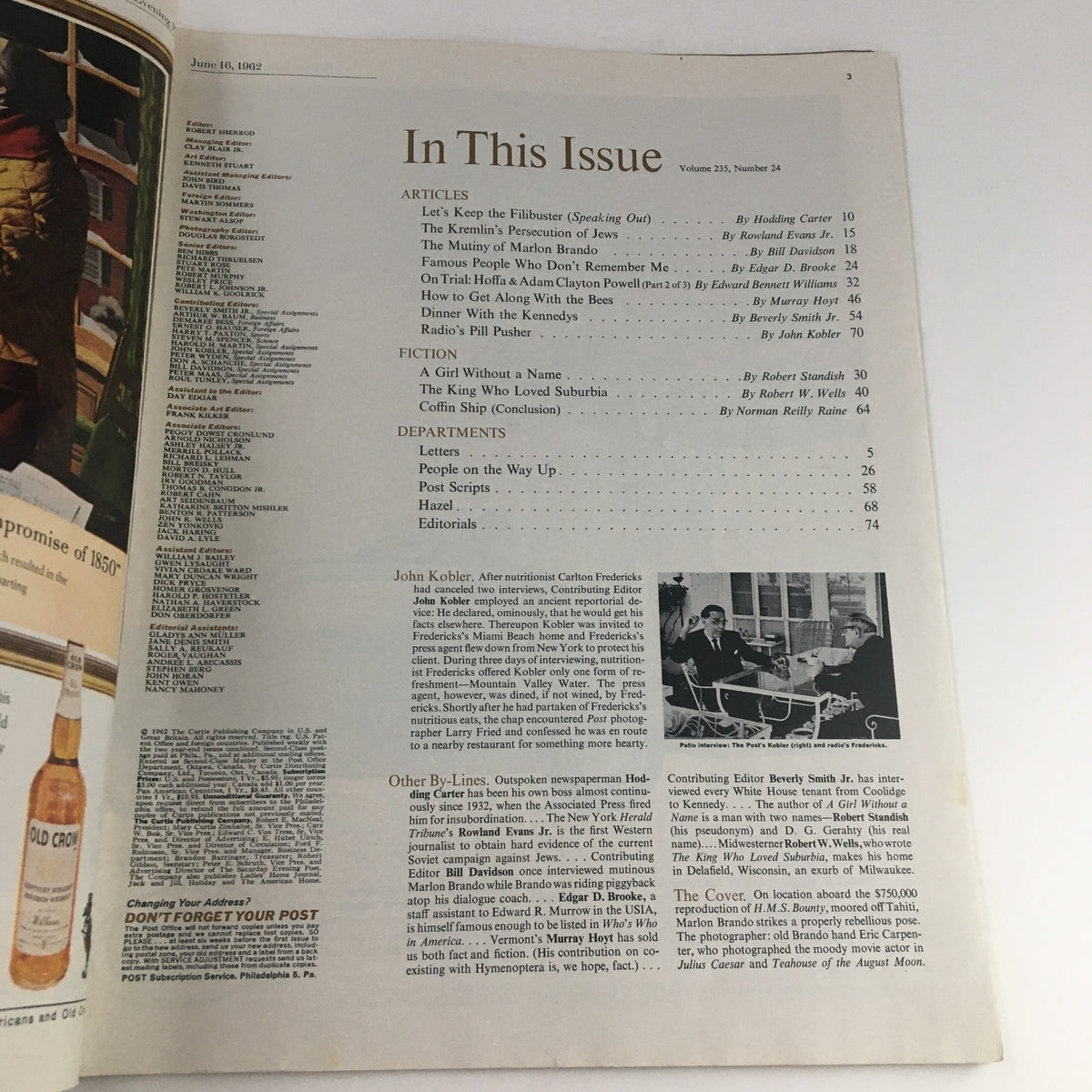 Inside page of The Saturday Evening Post June 16, 1962, detailing the articles and features from the issue, highlighting cultural context and notable columns.