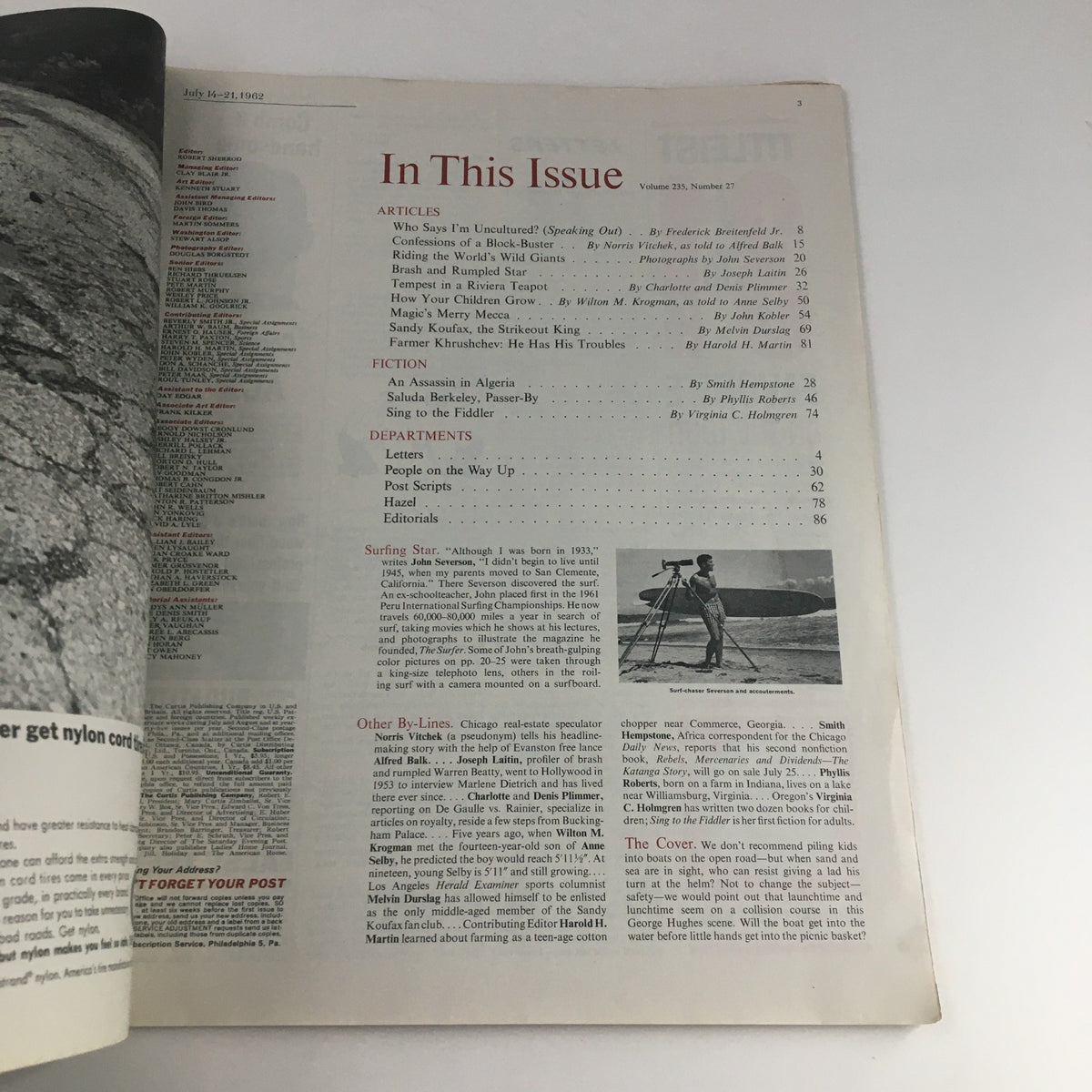 Interior page of The Saturday Evening Post July 14 1962 showing the table of contents with article listings and a photograph of a surfer.