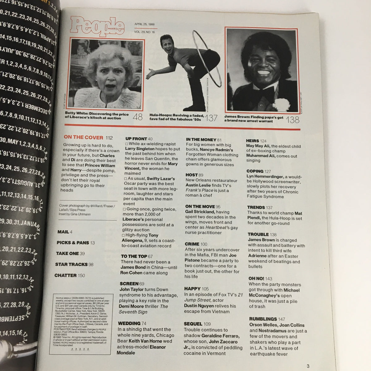 Inside page of People Weekly Magazine dated April 25, 1988, featuring articles about celebrities, including Betty White and James Brown, related to the cover story of Princess Diana and Prince William. A glimpse into the cultural context of the late 1980s.