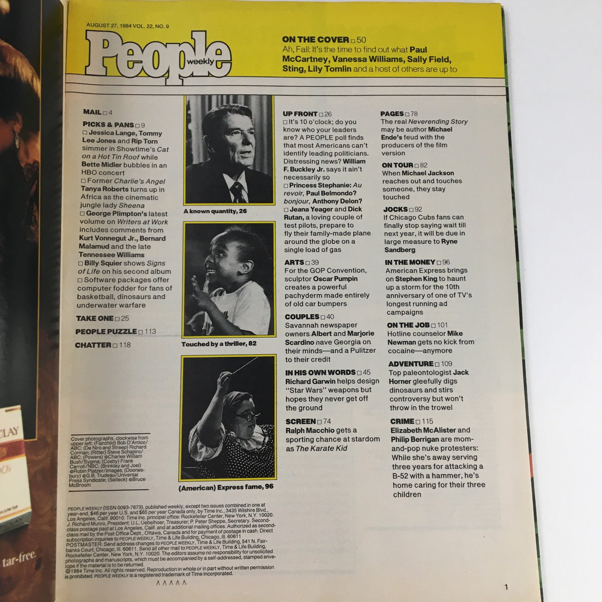 Inside page of People Weekly Magazine, August 27, 1984, showcasing articles and topics featured in that issue. The page includes references to celebrities and cultural events, reflecting the era's entertainment landscape.