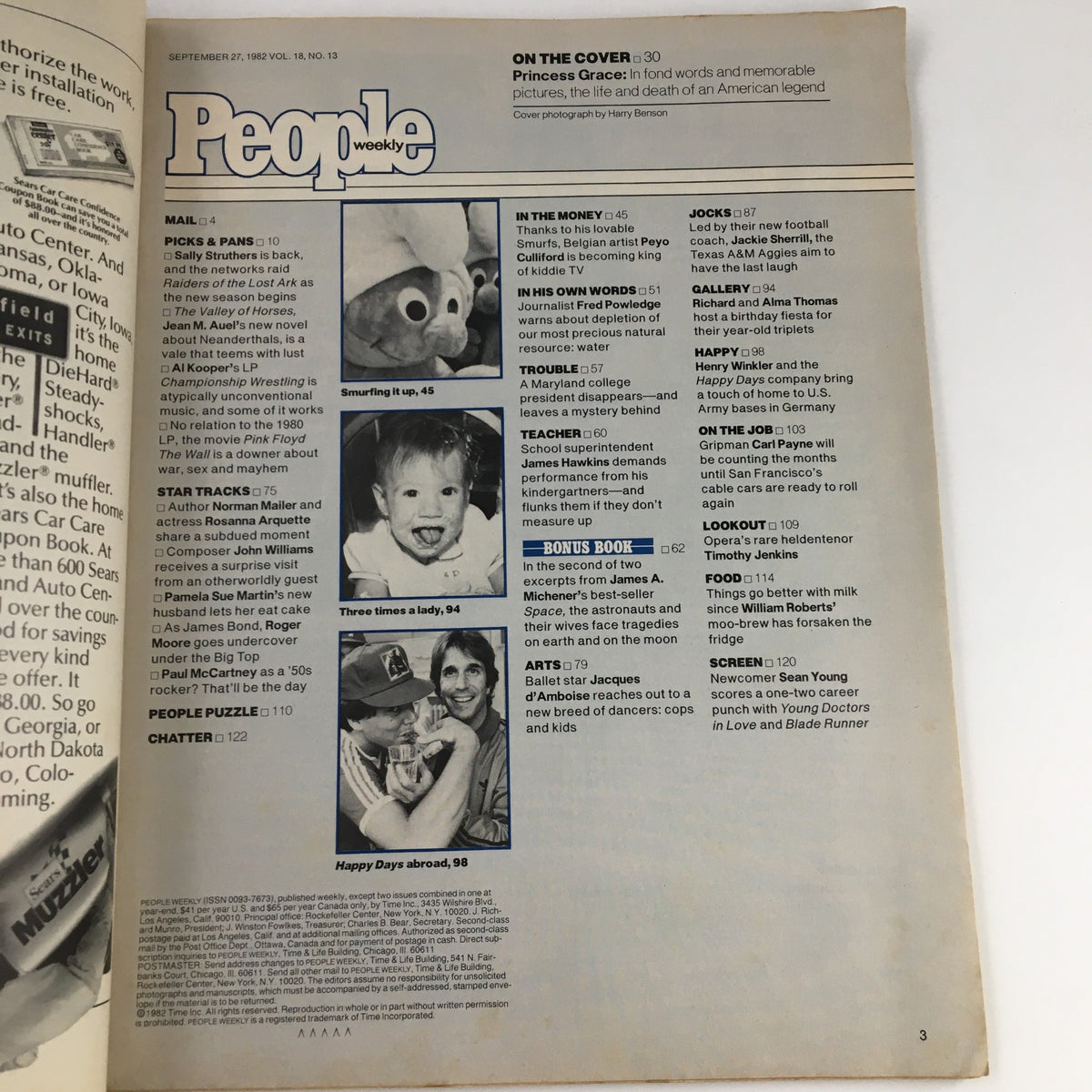 Interior page of People Weekly Magazine from September 27, 1982, with a feature on Princess Grace, 1929-1982, showcasing contents and articles.