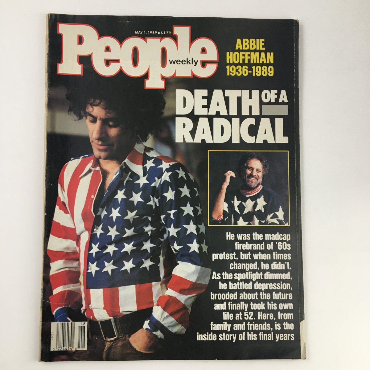 People Weekly Magazine cover from May 1, 1989 featuring Abbie Hoffman and the article titled 'Death of a Radical'. The cover showcases Hoffman in an American flag shirt, highlighting his influence on 1960s activism.