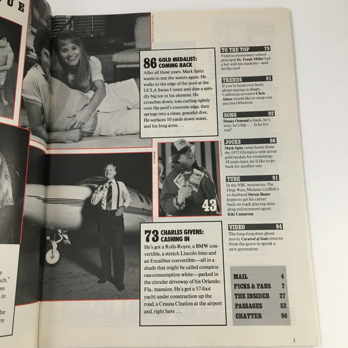 Another inside page of People Weekly Magazine January 15, 1990, listing articles and features including Mark Spitz and celebrity lives, encapsulating the essence of 1990s entertainment culture.