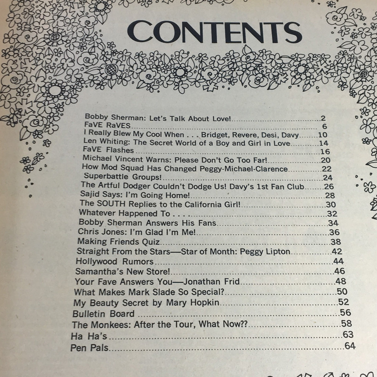Table of contents from VTG Fave Magazine 1968 Vol 3 #1 detailing featured articles and celebrity highlights, including Bobby Sherman.