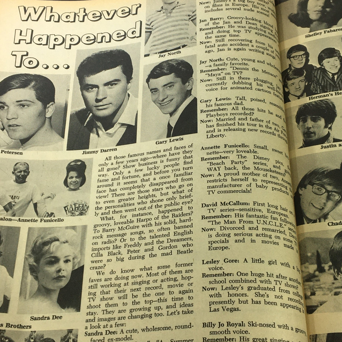 Celebrities featured in VTG Fave Magazine 1968 Vol 3 #1, focusing on their past fame and current status, illustrating the magazine's nostalgic content.