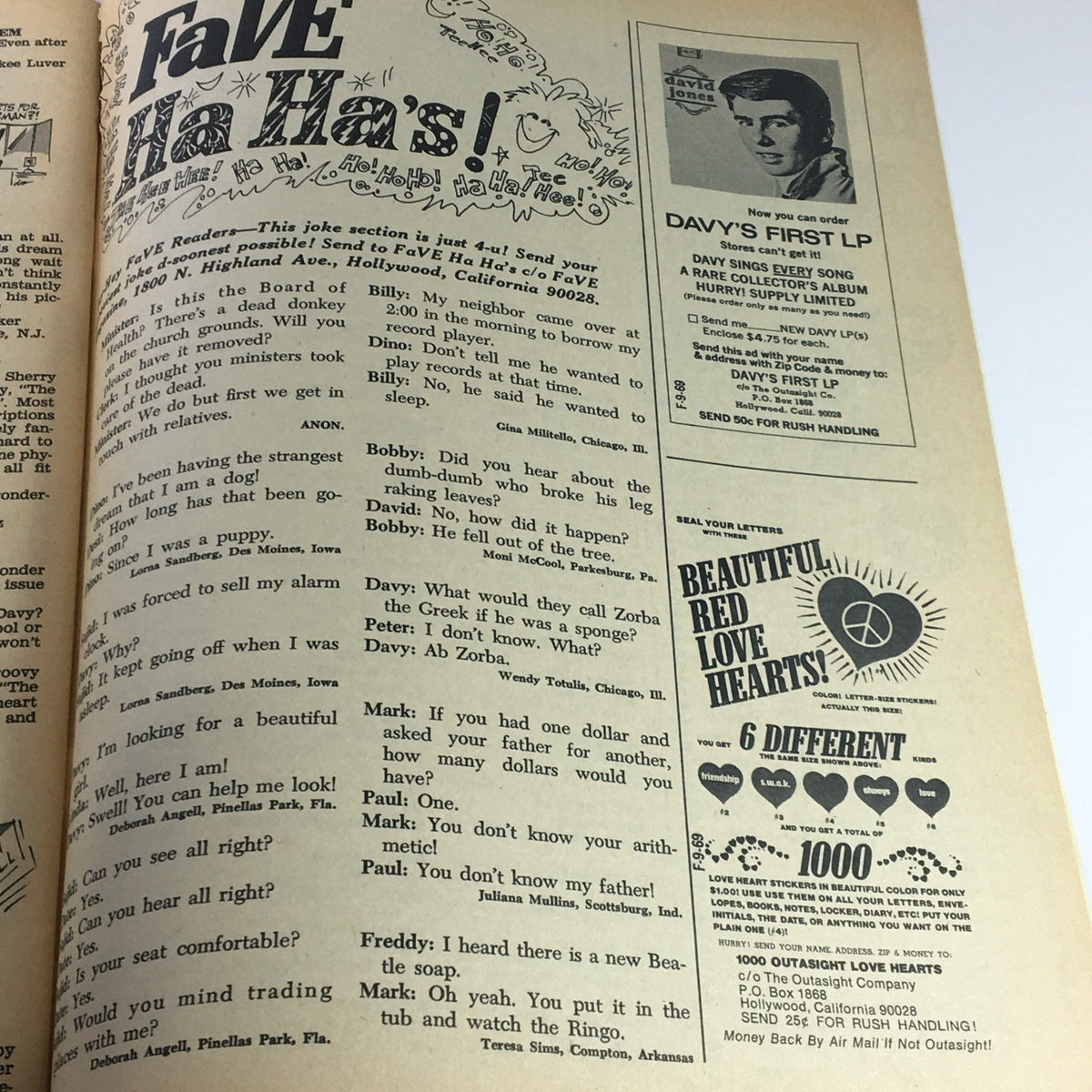 Another interior page from VTG Fave Magazine 1968 Vol 3 #1 with humorous jokes and promotions related to Davy Jones.