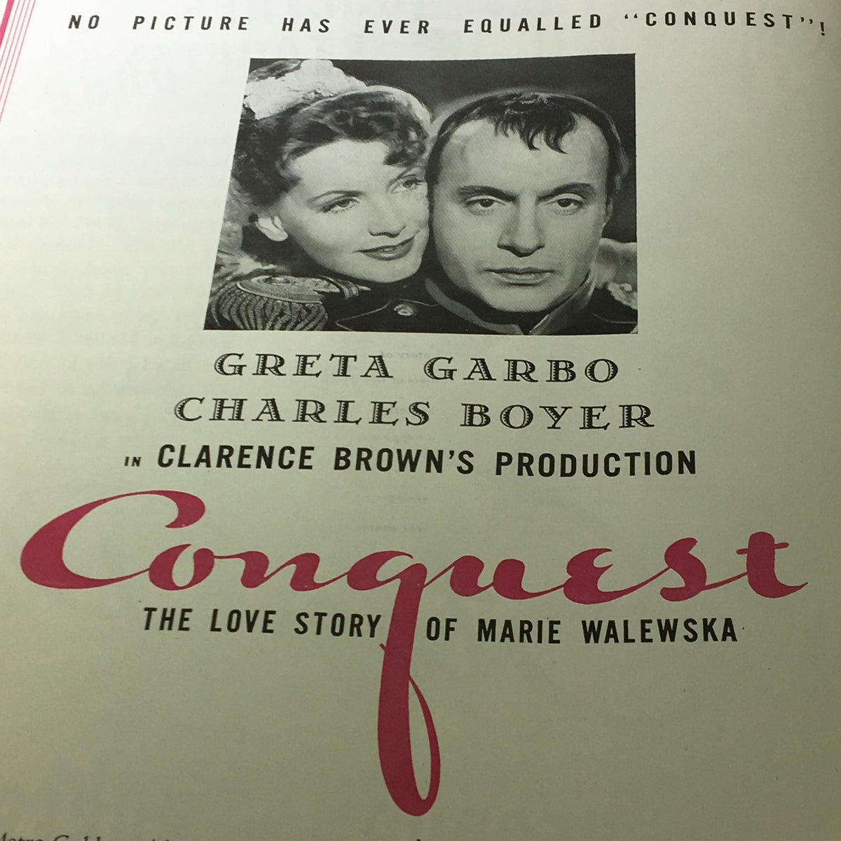 VTG Photoplay Magazine November 1937 featuring Greta Garbo and Charles Boyer in a promotional image for the film 'Conquest', directed by Clarence Brown.