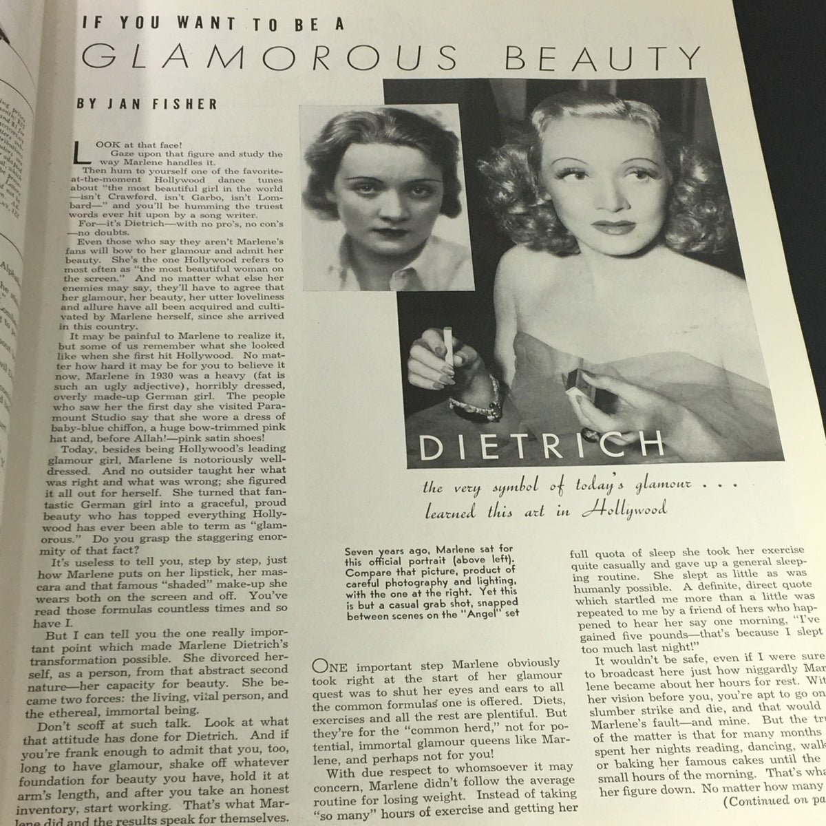 VTG Photoplay Magazine November 1937 article titled 'If You Want to Be a Glamorous Beauty' featuring photos of Marlene Dietrich and a beauty guide for Hollywood stars.