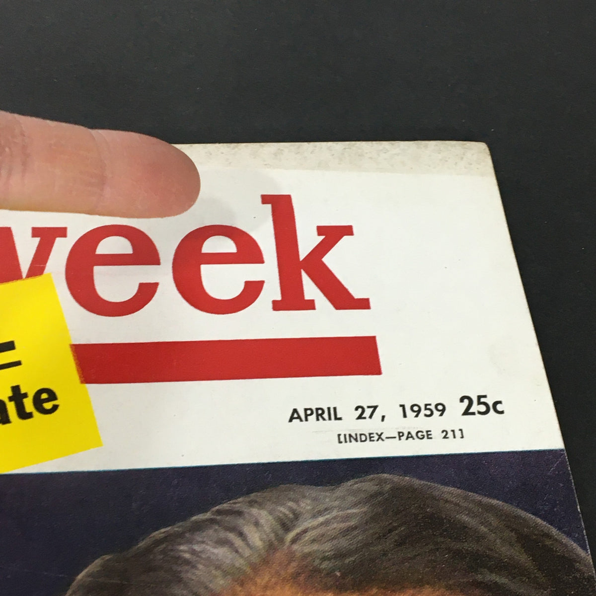 Close-up of the cover of VTG Newsweek Magazine April 27 1959, showcasing minor wear and the date, with a special report label on birth control.