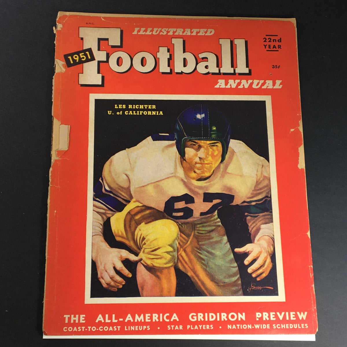 Cover of the VTG Illustrated Football Annual Magazine 1951 featuring Les Richter from U. of California, showcasing a vintage college football player in a striking pose.