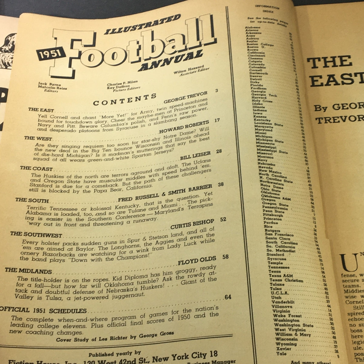 Table of contents page from the VTG Illustrated Football Annual Magazine 1951, detailing articles and features related to college football.