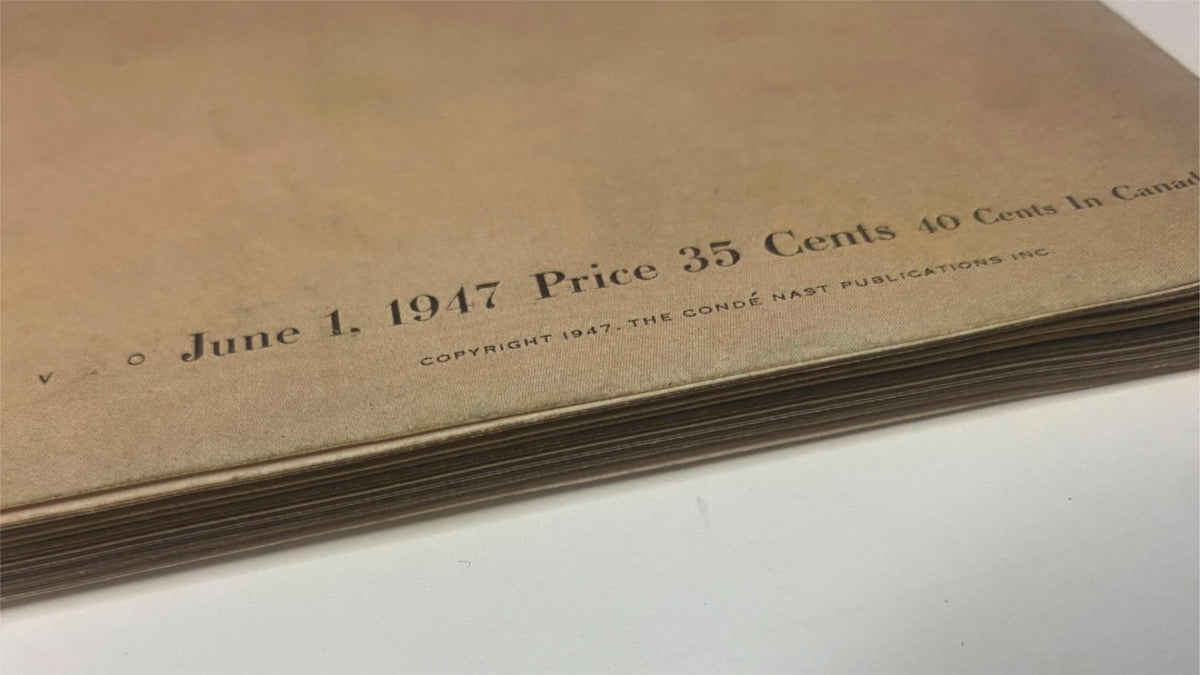 Back cover detail of Vogue Magazine June 1, 1947 by John Rawlings, showcasing the publication's date and price.