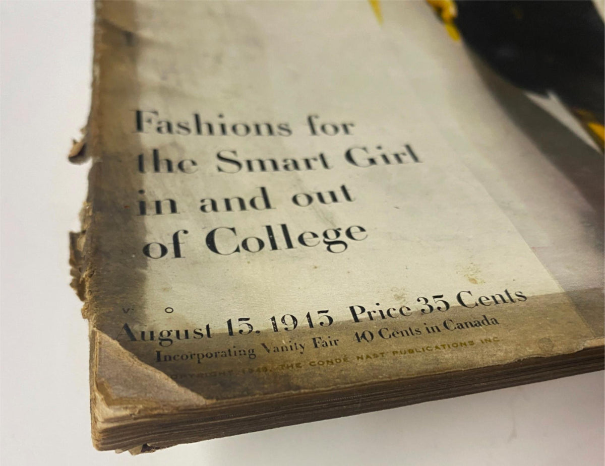 Cover detail of Vogue Magazine August 15, 1945 showing the issue date and price. The edges show signs of age, indicating this vintage magazine's historical significance.