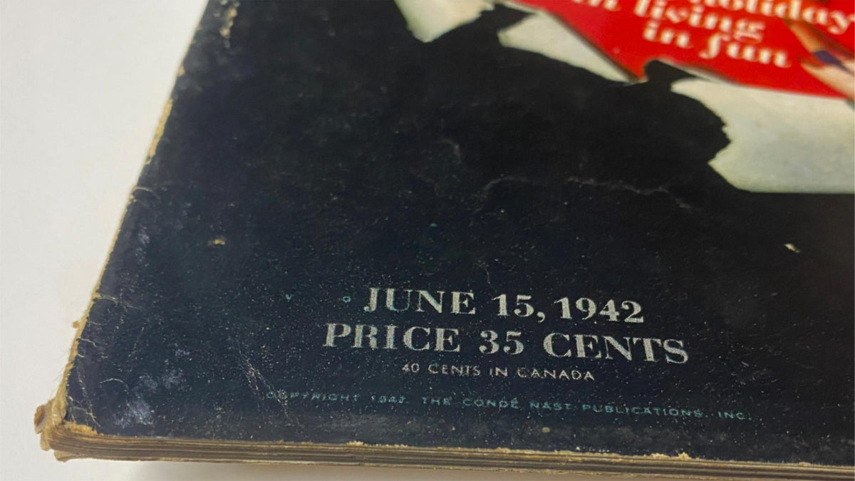 Vogue Magazine June 15, 1942 Good Buys for Summer by Horst P. Horst close-up of magazine corner showing publication date and prices, capturing the vintage essence of the 1942 issue.