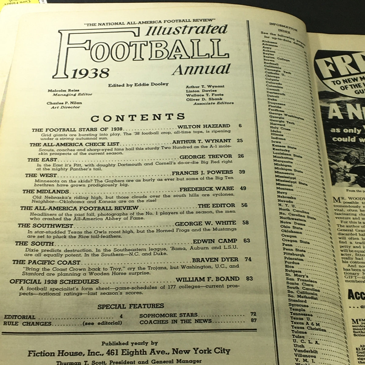 VTG Illustrated Football Annual Magazine 1938 featuring contents page with highlights on Wilton Hazzard and key football articles.