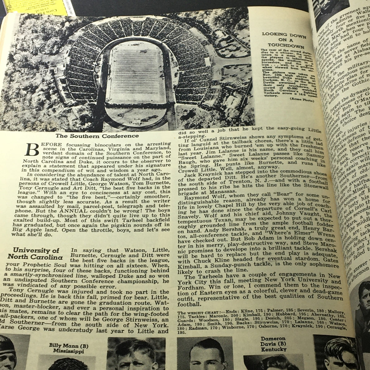 Aerial view of a football stadium featured in the VTG Illustrated Football Annual Magazine 1938, highlighting key plays and events in Southern Conference football.