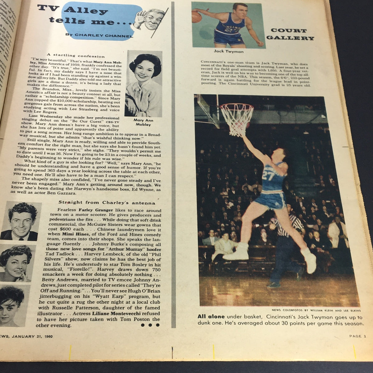 Interior page of VTG New York News Coloroto Magazine January 31 1960 showing an article about Charley Channel with a photograph of actress Mary Ann Mobley and basketball player Jack Twyman.