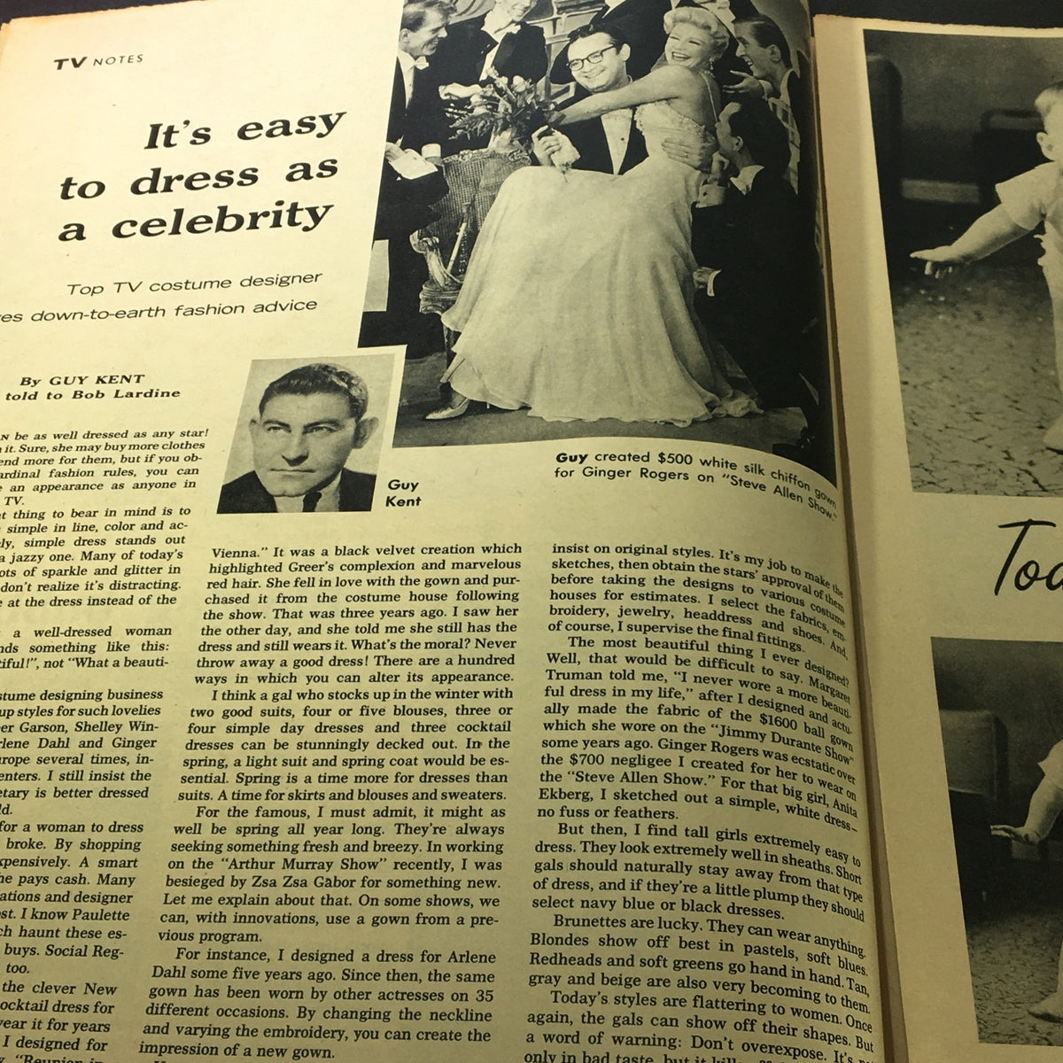 Page from VTG New York News Coloroto Magazine January 31 1960 featuring an interview with costume designer Guy Kent along with images of celebrities dressed in his designs.