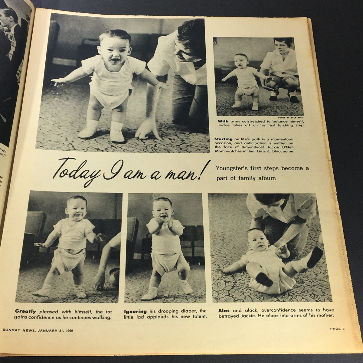 Personal story page in VTG New York News Coloroto Magazine January 31 1960 showcasing a child taking his first steps, highlighting the theme 'Today I am a man!'