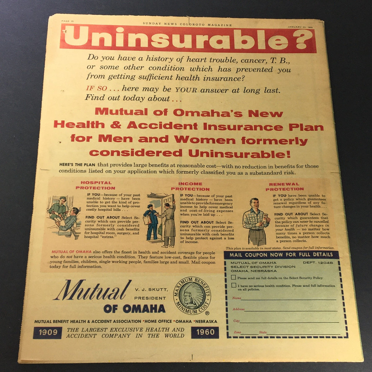 VTG New York News Coloroto Magazine January 31, 1960 highlighting an advertisement about health and accident insurance, emphasizing the importance of coverage for individuals with pre-existing conditions.
