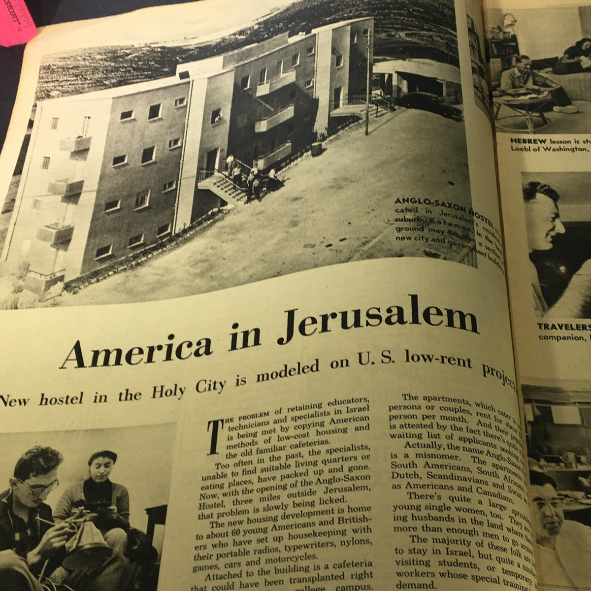 VTG Sunday News Coloroto Magazine March 20 1955 featuring an article titled 'America in Jerusalem' with an image of a hostel in Jerusalem.