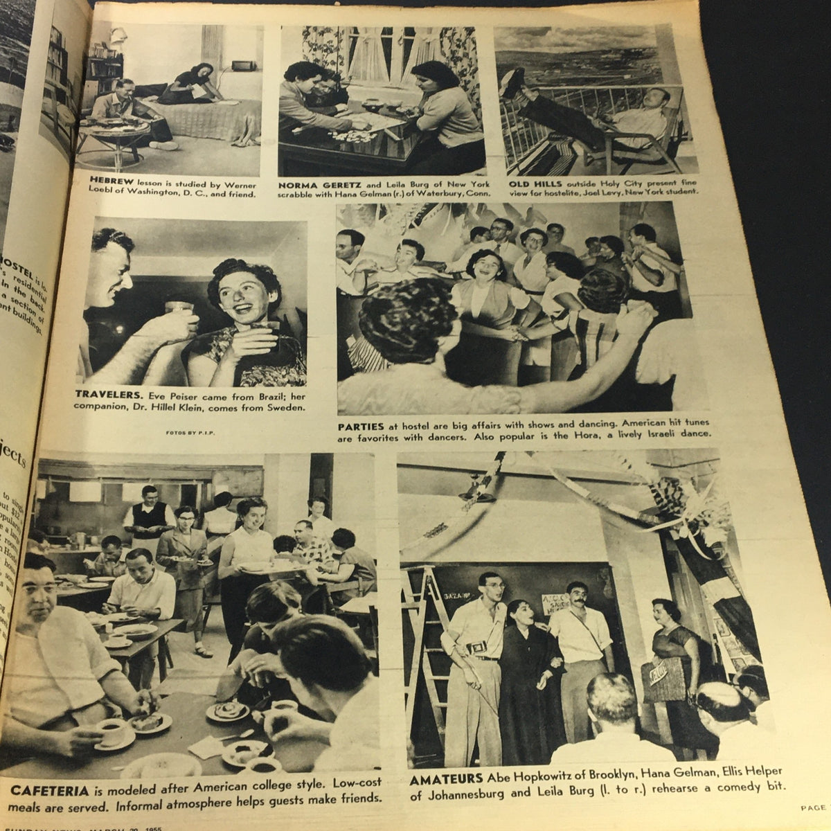 VTG Sunday News Coloroto Magazine March 20 1955 depicting various social activities at a hostel, emphasizing communal dining and entertainment.