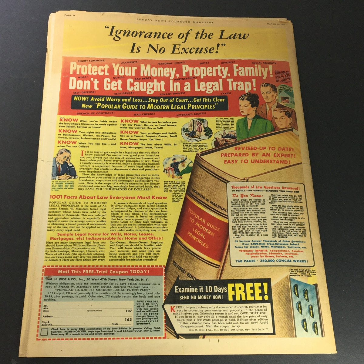 VTG Sunday News Coloroto Magazine March 20 1955 Virginia Mayo Cover displaying a colorful advertisement about legal principles and consumer rights.
