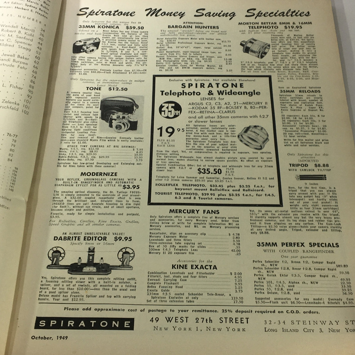 Advertisement page from Popular Photography Magazine October 1949 featuring Spiratorne money saving specials for cameras and photographic equipment.