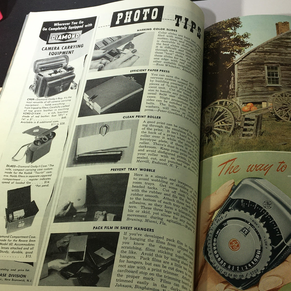 Photo tips section from October 1949 Popular Photography Magazine outlining camera gear and techniques for efficient photography, including tips for handling film.