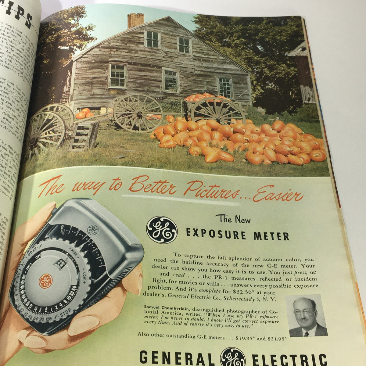 Vintage advertisement for the General Electric Exposure Meter featured in Popular Photography Magazine October 1949, showcasing a picturesque scene with a house and pumpkins, highlighting photography technology of the era.