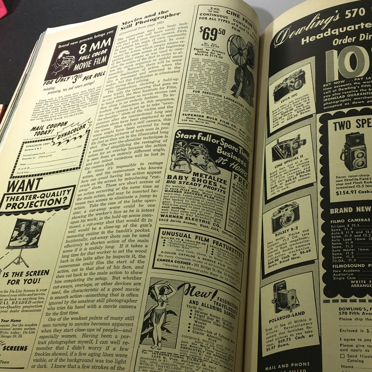 Page spread from Popular Photography Magazine October 1949, featuring an article on movie photography and advertisements for 8mm film and cine projectors, reflecting the film technology of the late 1940s.