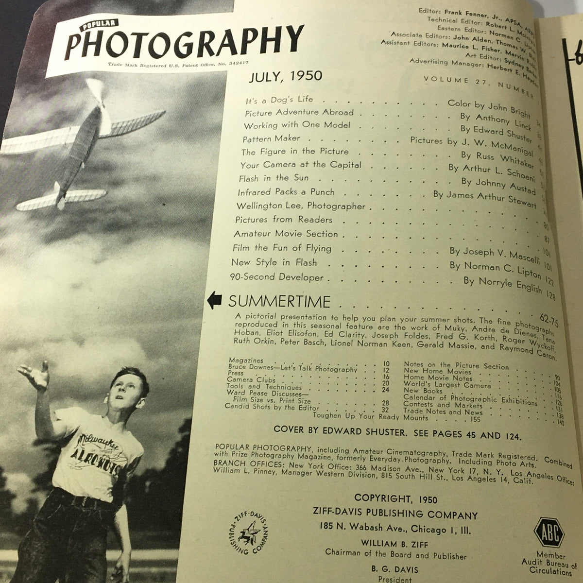 Table of contents from VTG Popular Photography Magazine July 1950, including various photography articles and techniques.