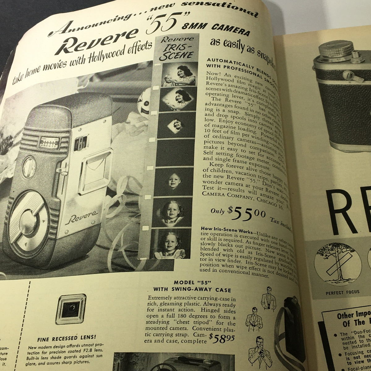 Vintage Popular Photography Magazine July 1950 highlighting the Revere 55 8mm camera advertisement, designed for home movies with Hollywood effects.