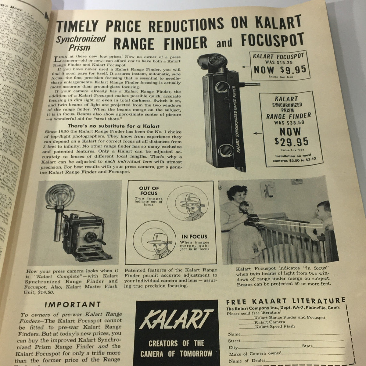 Vintage Popular Photography Magazine July 1950 presenting the timely price reductions on Kalart range finder and focus spot, promoting precision photography.