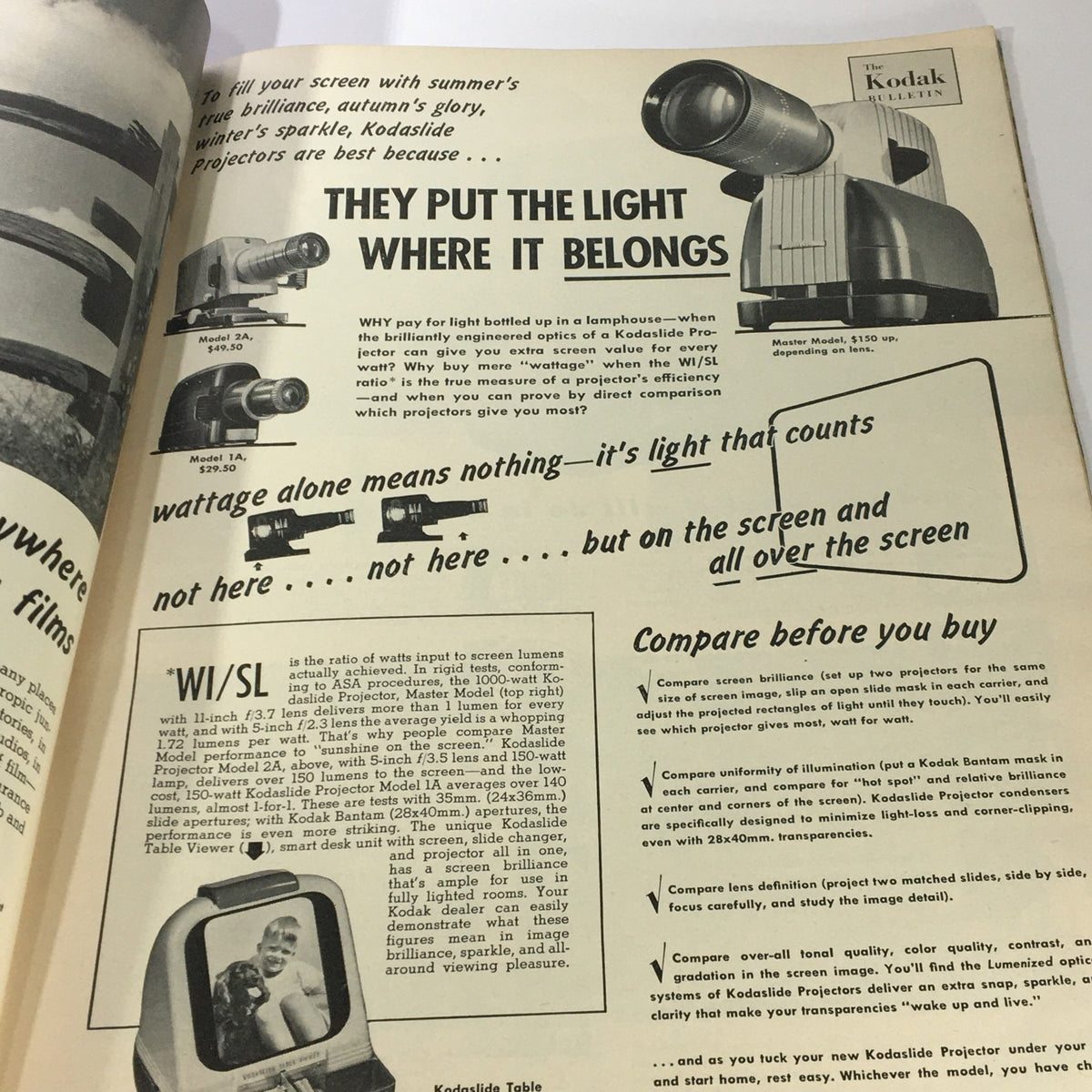 VTG Popular Photography Magazine July 1950 featuring an advertisement for Kodak projectors, emphasizing light efficiency and comparison of projector models.